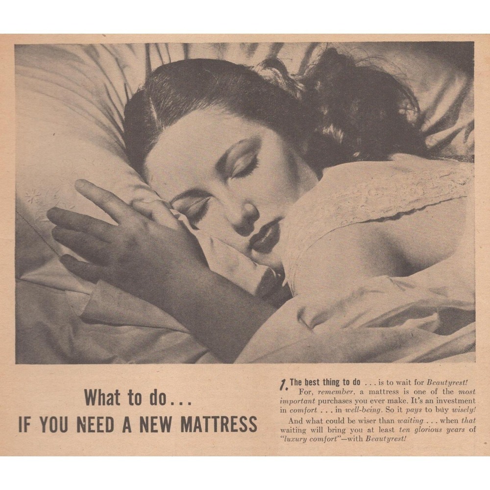 Simmons Beautyrest‎ Mattress Mid Century Modern Bedroom Vintage Print Ad 1946